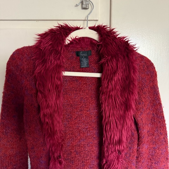 Frenchi Red Faux Fur Trim Cardigan - Picture 3 of 11